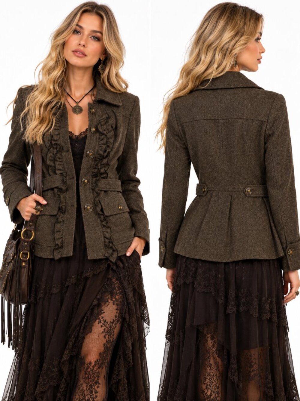 Tabitha Anthropologie Ruffle Wool Blend Utility Jacket Brown XS 0 Dark Academia